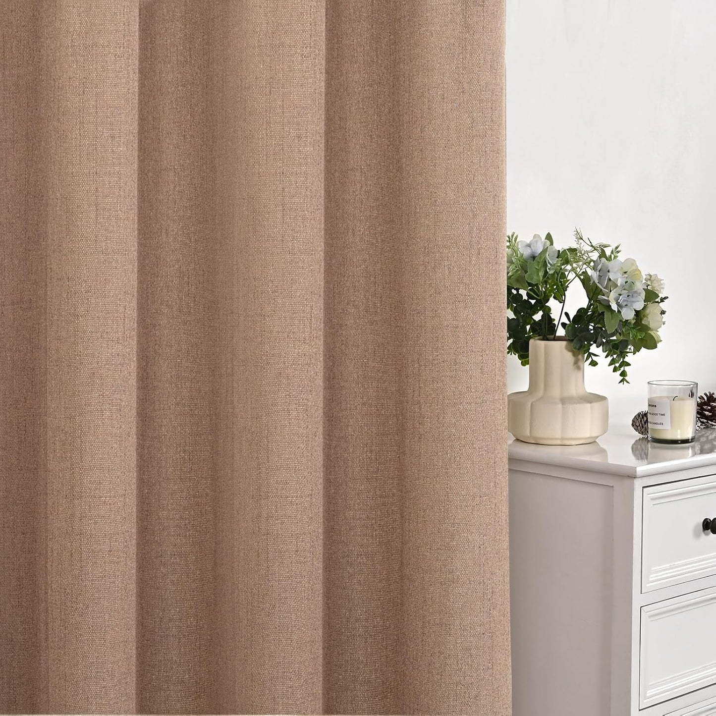 YoungsTex Linen Curtains 68 Inches Length for Living Room, Mocha Light Filtering Semi Sheer Drapes with Bronze Grommet for Bedroom Office Dining Room, 2 Panels, 52 X 68 Inch