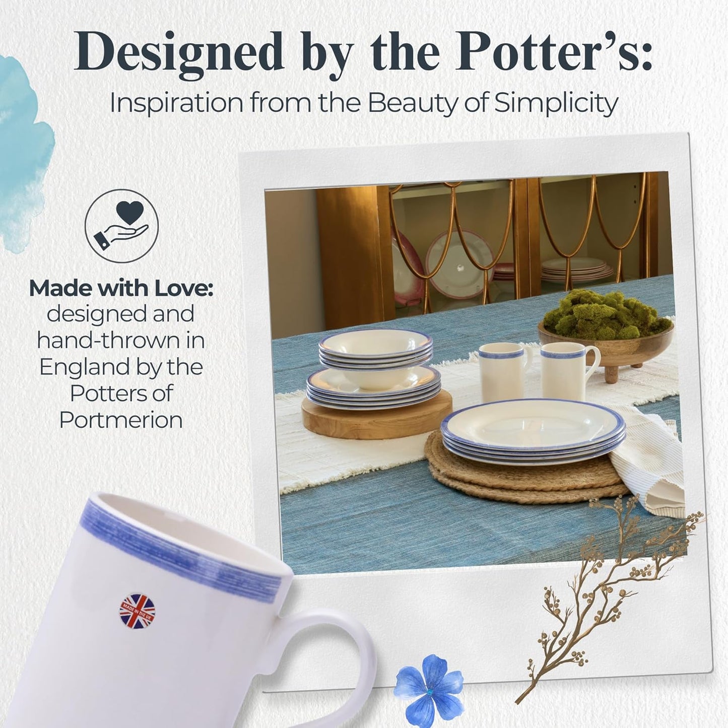 Portmeirion Potters 9oz Ceramic Mug (Set of 4) - Handcrafted Coffee Mugs with Blue Brushstrokes - Dishwasher, Microwave, Freezer Safe - Earthenware Mugs for Tea & Coffee Lovers, Unique Mug Set (Blue)