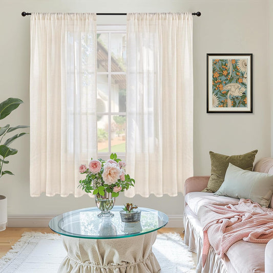 BGment Beige Linen Curtains 63 Inch Length for Living Room - Cream Semi Sheer Drapes Rod Pocket Rustic Natural for Bedroom Country Decorative Light Filtering, 2 Panels, Each Panel 52 Inch Wide