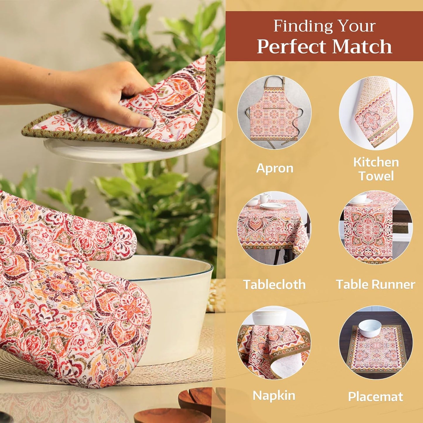 Maison d' Hermine Oven Gloves 100% Cotton Oven Mitt 7" x 13" with Loop Heat Resistant BBQ Cooking Gloves for Thanksgiving Christmas Decorations Baking Handling Hot Pans (Pack of 1, Damask)