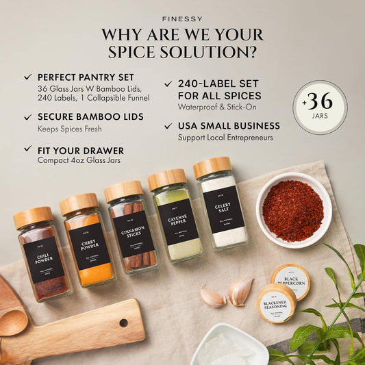 Glass Spice Jars with Label with Bamboo Lids 36 Pack Black Labels Set, 4oz Clear Empty Bottles Seasoning Organizer Jars with Shaker Lids, Small Square Airtight Spice Seasoning Containers Herb Storage