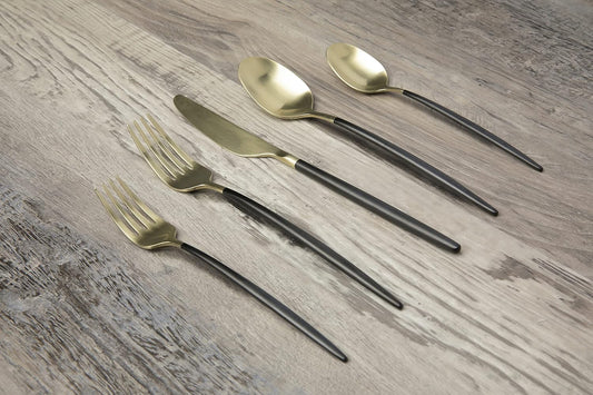 Cambridge 511120CKW12R Gaze Black Champagne Satin 20-Piece Flatware Set, Service for 4