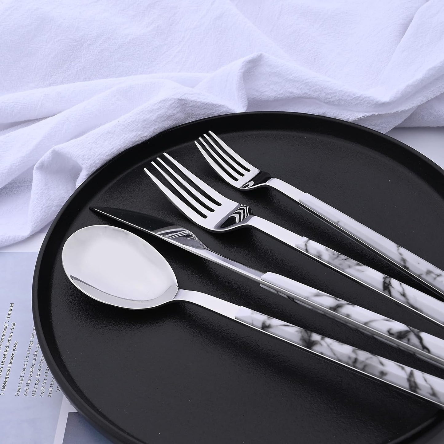 16-Piece Silverware Set with Dessert Fork, Stainless Steel Flatware Cutlery Set for 4, Mirror Finish Tableware Utensil Set, Marble Texture Handle, Include Knife Fork Spoon(White & Silver)