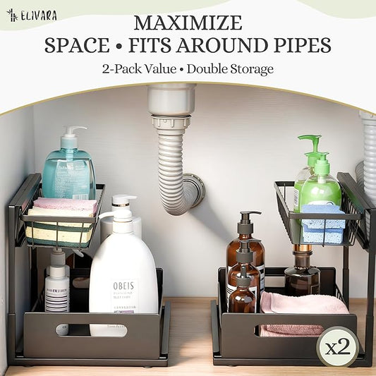 Under Sink Organizer 2-Pack – Pull Out Sliding Storage Rack, L-Shaped Design for Kitchen & Bathroom Cabinet, Heavy-Duty Steel, Easy Install, Black