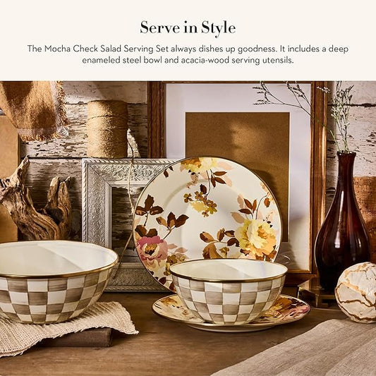 MACKENZIE-CHILDS Enamel Salad Serving Set, Enamel Bowl and Wooden Salad Servers, Decorative Kitchen Set, Brown-and-White Mocha Check