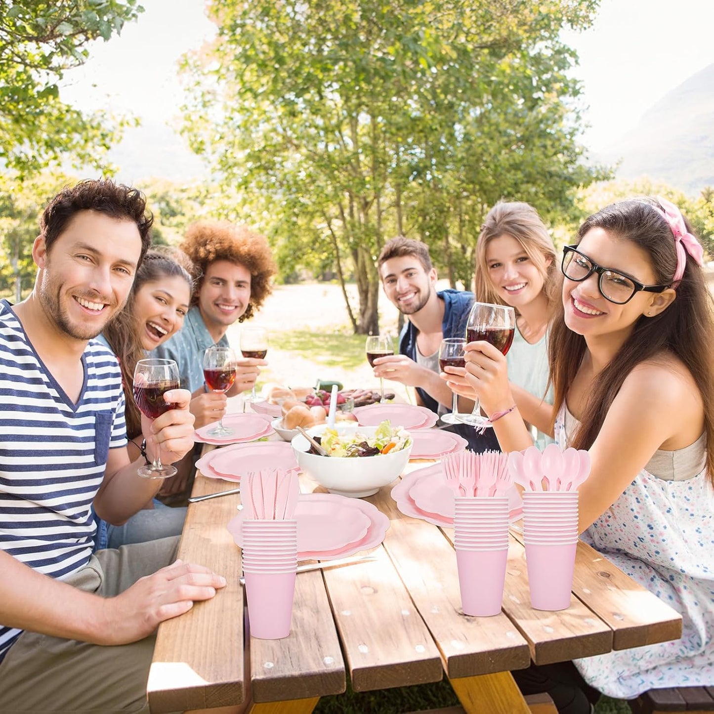 350 Pcs Pink Party Supplies Include Scalloped Plate Napkin Cup Forks Knives, Plastic Cutlery 50 Guest Disposable Party Tableware Set for Wedding Baby Shower Bridal Shower Birthday Parties