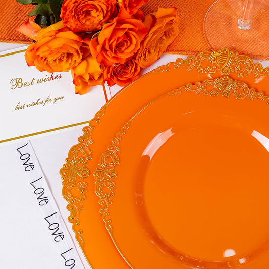 102PCS Orange Plastic Plates - Orange and Gold Disposable Plates - Party Plate with Gold Rim - Vintage Disposable Plate Serving for 51Guests for Thanksgiving & Halloween Party