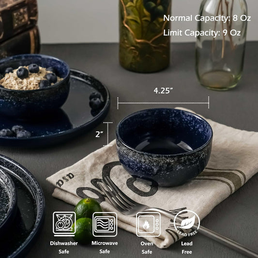 S&Q'S CERAMICS Ceramic Small Bowls for Kitchen, Set of 6, 9 oz Ice Cream Bowls, Small Bowl Set for Dipping, Breakfast, Oatmeal, Microwave and Dishwasher Safe (Navy Blue)