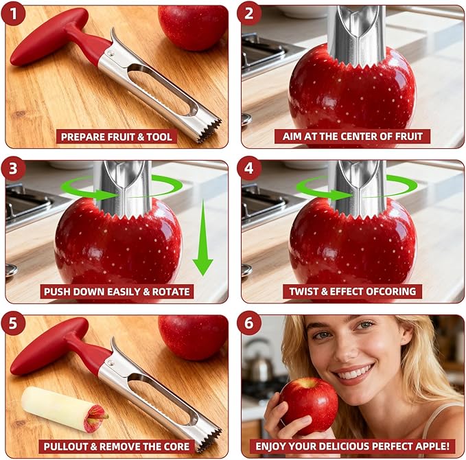 2 Pcs Fruits and vegetables Corer, Stainless Steel Core Remover Tool, Easy Twist Fruits, Suitable for Apples, Pears, Pineapples, Bell Peppers, And Other Tequiring Coring Includes a Cleaning Brush