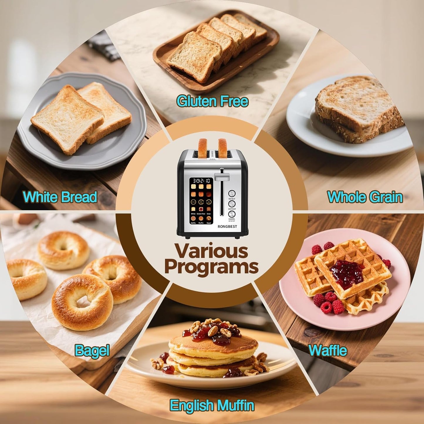 2 Slice Touch Screen Toaster, Stainless Steel Toaster with Wide Slots for Bagels and Bread, Reheat/Defrost/Cancel Functions, Removable Crumb Tray, Matt Black