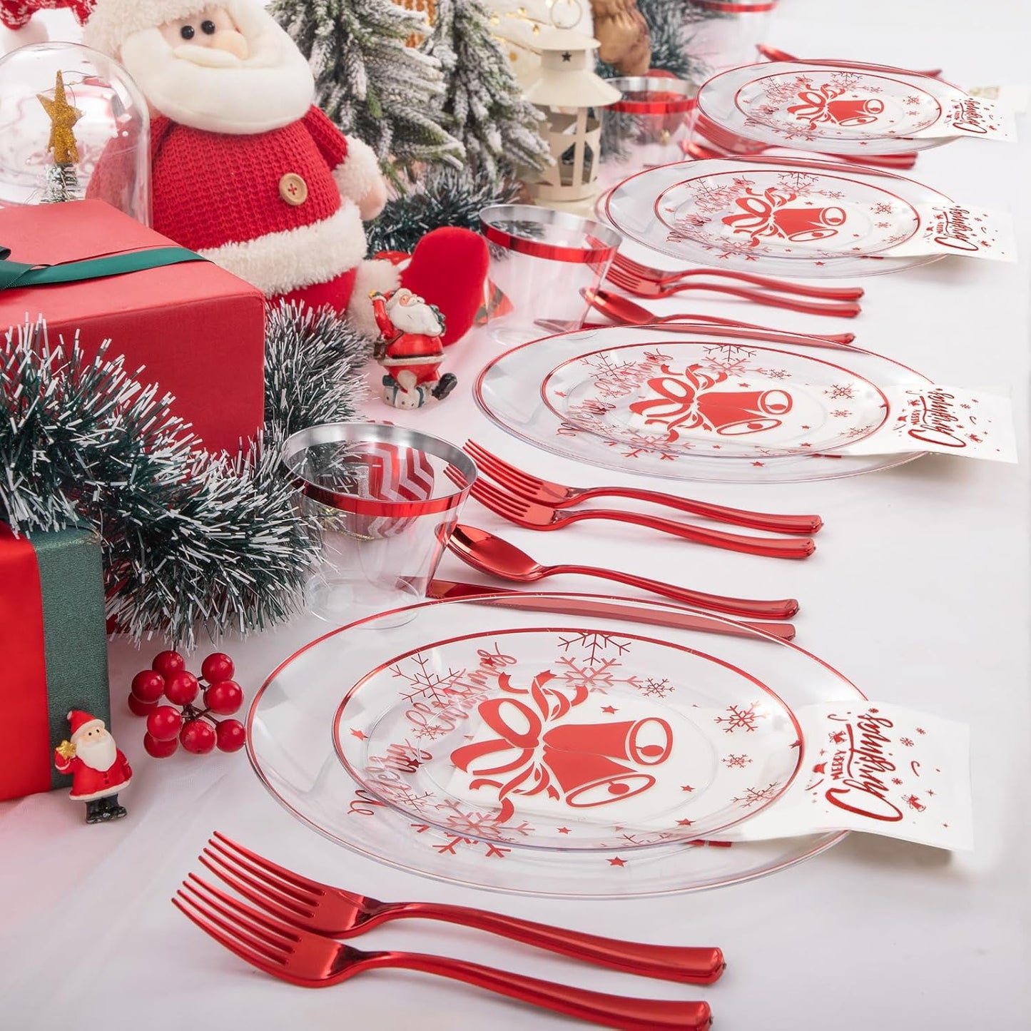 DaYammi 175Pcs Red Plastic Dinnerware Set - Clear Red Plates, Forks, Knives, Spoons, Cups and Napkins for Christmas Party