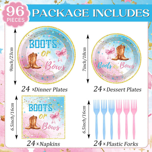 Boots or Bows Decorations - 96 Pcs Gender Reveal Party Plates Napkins Forks Tableware Set, Pink Blue Paper Disposable Party Supplies Decor Kit for Baby Shower Boy or Girl Serve 24 Guests