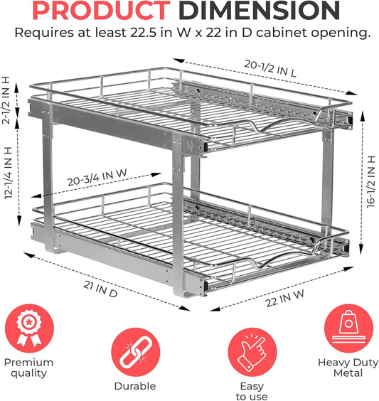 HOLDN’ STORAGE Two Tier Pull Out Cabinet Organizer, Individual Sliding Drawers - Heavy Duty Metal with Lifetime Limited Warranty - Anti Rust Chrome Finish - 22" W x 21”D x 16.5" H