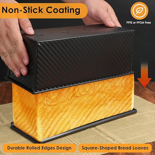 2.2lb Pullman Loaf Pan with Lid, 13inch SP-031 Bread Pan with Dough Scraper Cutter, Black Covered Loaf Pan for Sandwich Bread