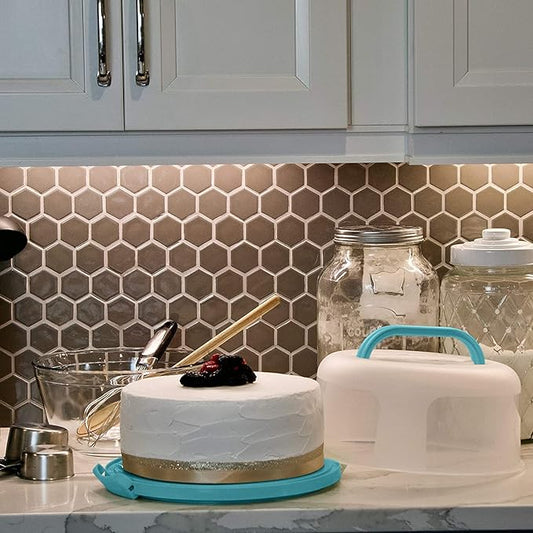 Top Shelf Elements Round Cake Carrier Two Sided Cake Holder Serves as Five Section Serving Tray, Portable Cake Stand Fits 10 inch Cake, Cake Box Comes With Handle, Cake Container Holds Pies (Aqua)