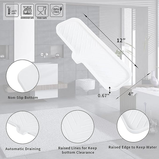 Silicone Bathroom Soap Dishes with Drain Spout-Bathroom and Kitchen Sink Organizer,Sponge Holder,Dish Soap Tray,Perfect for Dispenser,Scrubber,Bottle,Cup on Sink or Counter-White 12"×4"