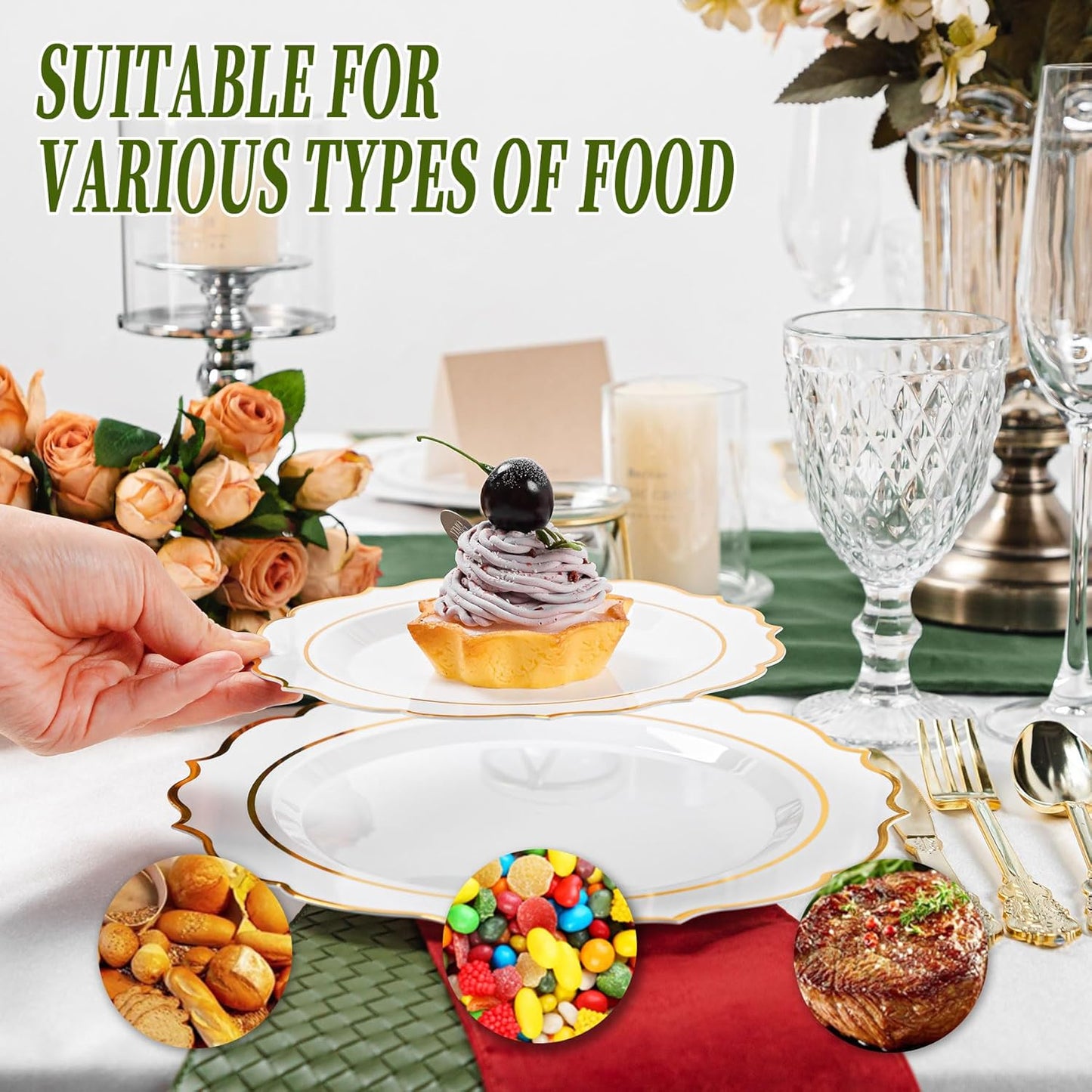 120PCS White Plastic Plates, Disposable Party Plates with Gold Rim, Heavy Duty 60 Dinner and 60 Dessert Fancy Plate for Party and Wedding