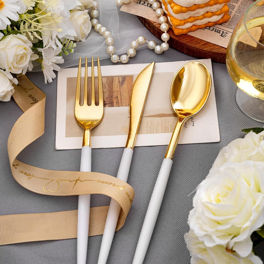 SUT Gold Plastic Silverware, 160Pcs Gold Utensils Set Disposable, 80 Gold Plastic Forks, 40 Gold Knives, 40 Gold Spoons, Gold Plastic Cutlery for Parties, Dinners, Weddings(White Gold)