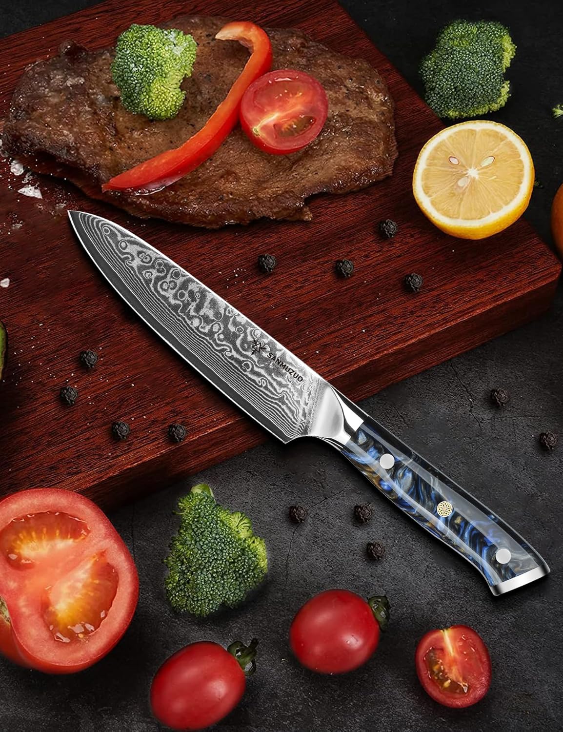 5 Inch Kitchen Utility Knife - Xuan Series Kitchen Knives - VG10 Damascus Steel with Resin Handle (Starry Black)