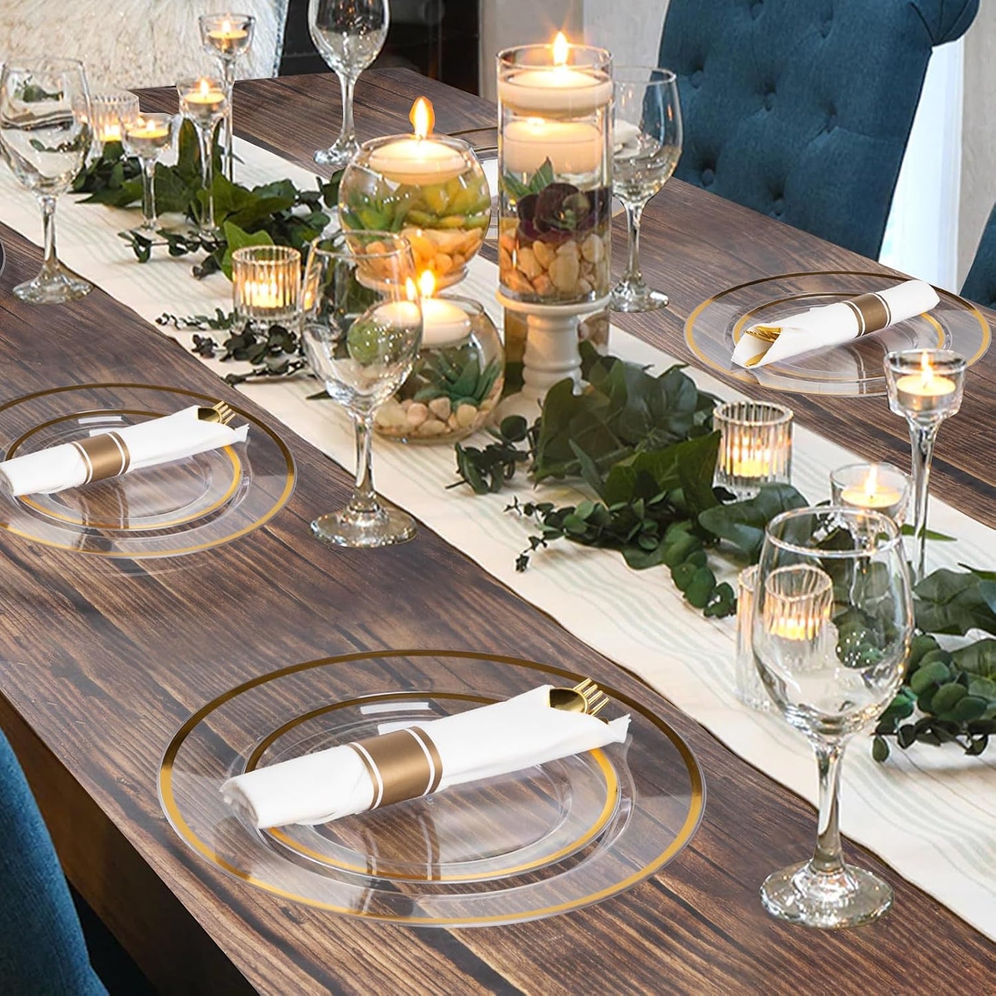 Goodluck 350 Piece Gold Plastic Dinnerware Set for Party, Clear Disposable Plates for 50 Guests, Include: 50 Dinner Plastic Plates, 50 Dessert Plates, 50 Pre Rolled Napkins with Cutlery Set, 50 Cups