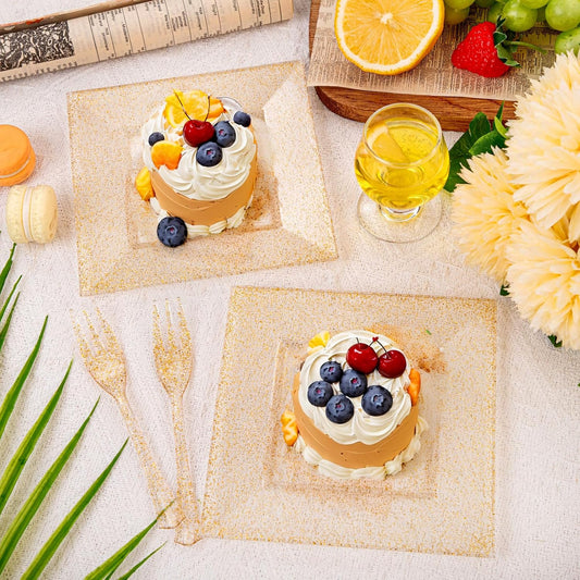 DaYammi 100Pcs Gold Glitter Dessert Plates Including 50Pcs Appetizer Plates 6",50Pcs Plastic Forks 5.7",Gold Glitter Plastic Square Plate for Party,Gold Salad Plate with Cake Fork for Birthday Wedding