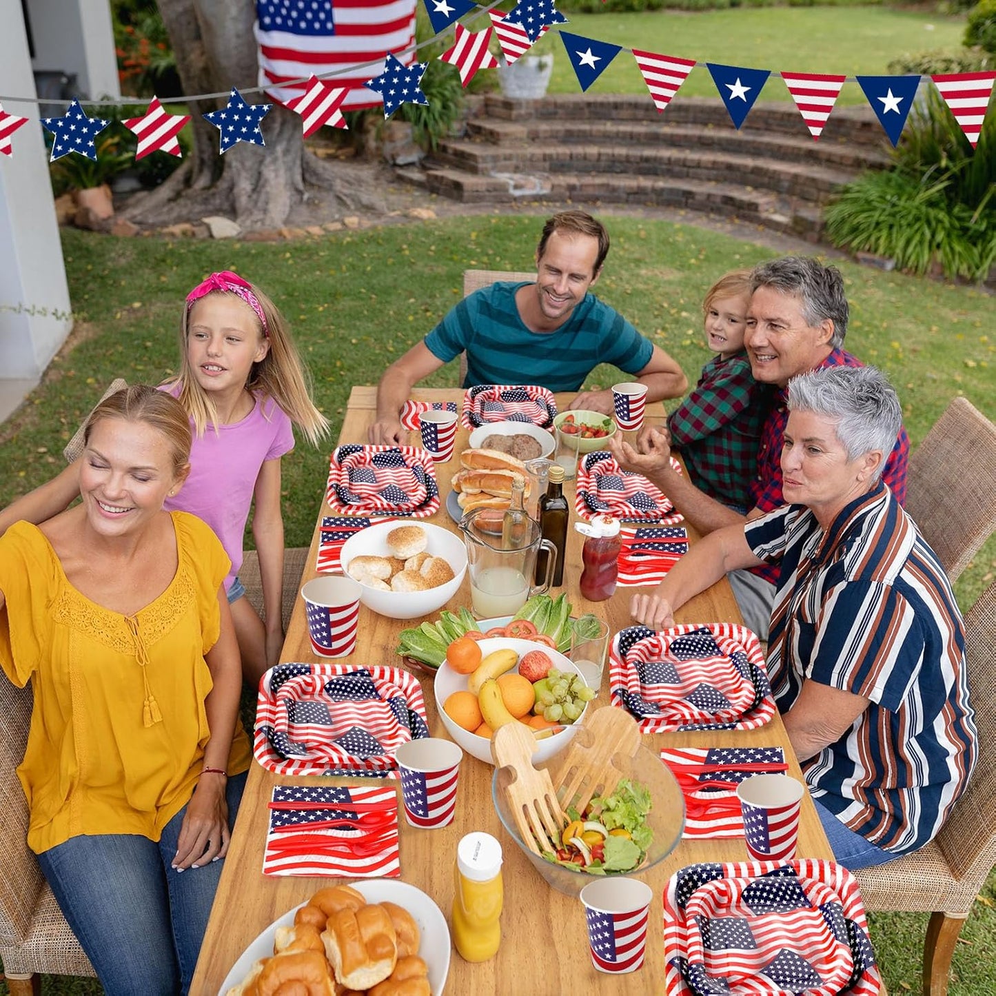 350 Pcs Paper Plates and Napkins Set Disposable Dinnerware Party Supplies Tableware Serve 50 Guest Cups Knife Forks Spoon(Blue,Red,Patriotic)