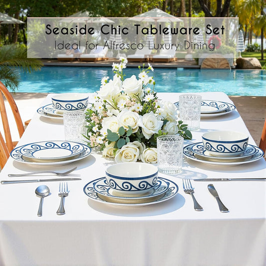 24 Piece Dinnerware Set – Coastal Dishes Dinnerware Sets for 8, Vintage Plates and Bowls Sets, Ceramic Dinnerware Sets for 8, Stoneware Kitchen Plates and Bowls Set