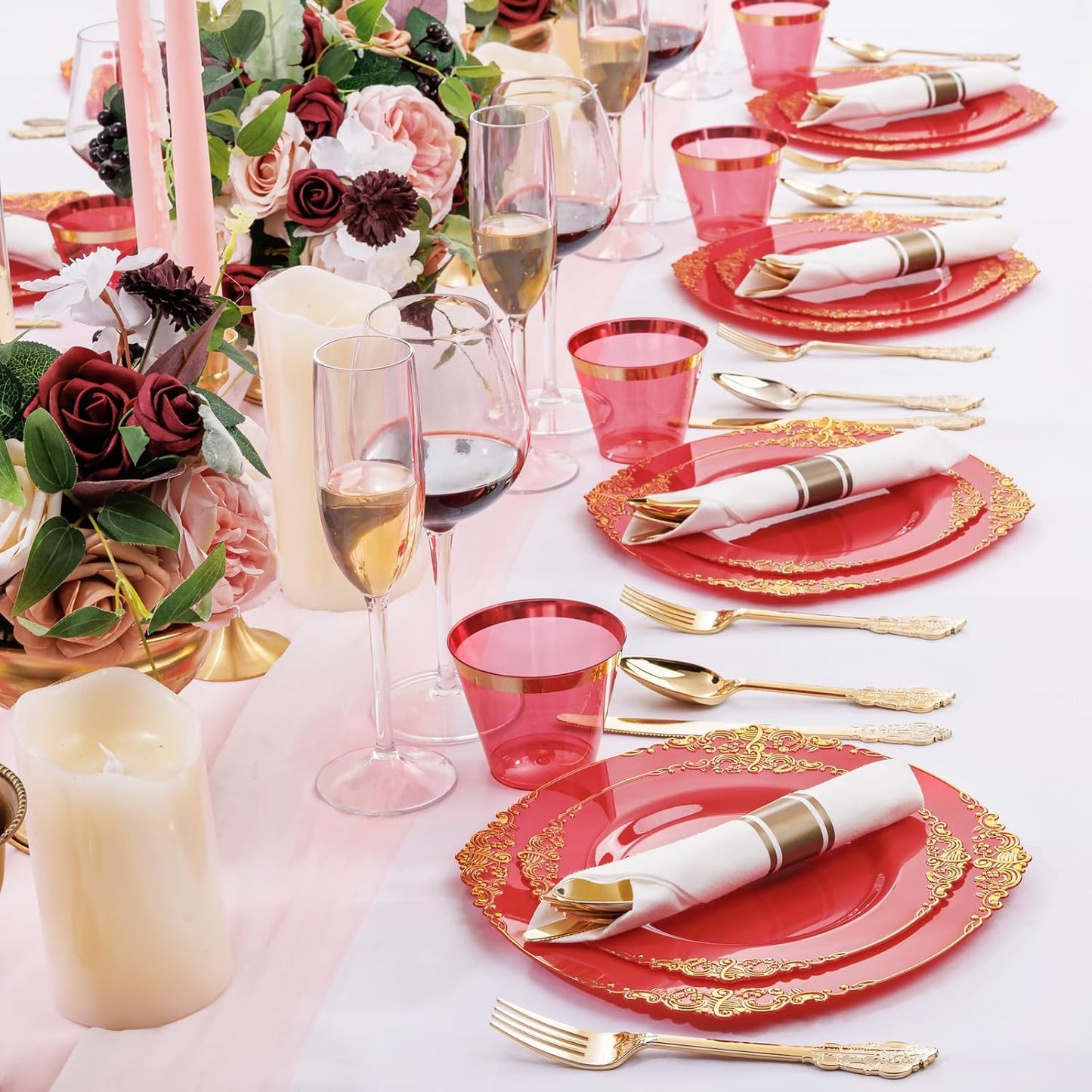 Nervure 175PCS Red Plastic Plates - Disposable Red Gold Party Plates & Pre Rolled Napkins with Cutlery for 25 Guests, 50Plates, 75Silverware, 25Cups, 25Napkin for Wedding & Party & Independence