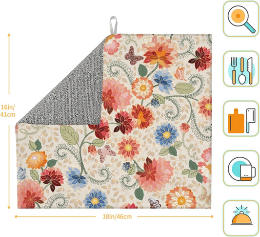 Mandala Flowers Dish Drying Mat 16x18 Inch, Microfiber Absorbent Fast Dry Mat Colorful Floral Large Dish Mat Drying Kitchen Mat, Kitchen Drying Pad for Kitchen Counter Coffee Bar Decor Gifts