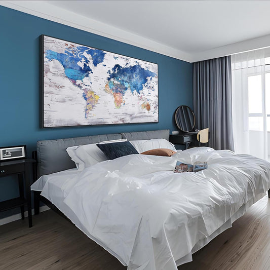 Pogusmavi-World Map Wall Art-Modern Art Wall Decor-Framed Artwork For Walls-Canvas Paintings For Office-Large Pictures For Living Room 30x60 Black Framed