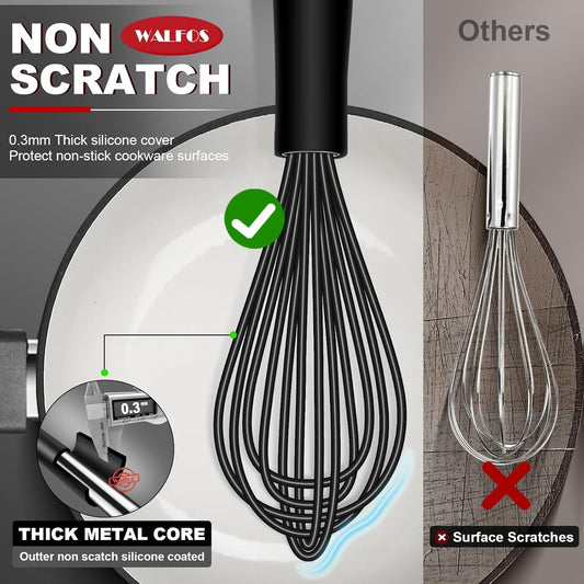 Silicone Whisks set with 7+5in mini stainless steel whisk, Non Scratch Coated 7+9+11in Whisks for Nonstick Cookware,Premium for Blending, Whisking, Beating, Frothing & Stirring