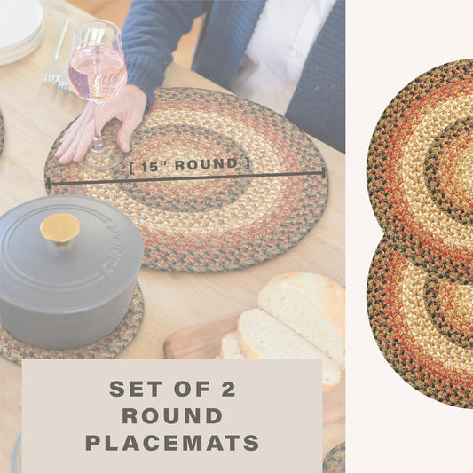 Russet Round Braided Placemats, Warm Country Decor, Set of 2, 15", Multicolor Jute Table Mats - Vibrant Colors, Durable, Easy to Clean and Protects Furniture