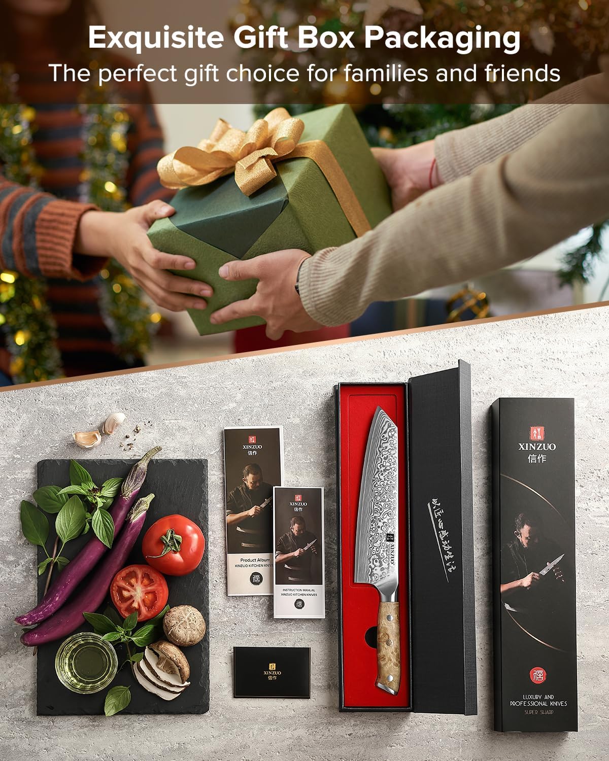 XINZUO Damascus 8.3 Inch Kiritsuke Chef Knife,Hand Forged High Carbon Steel Sharp Kitchen Cutting Knife,Comfortable Ergonomic Full Tang Figured Sycamore Wood Handle