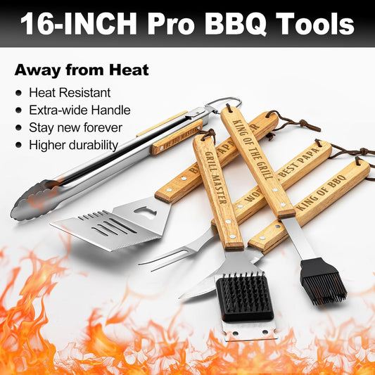 Papa Gifts from Grandkids, Papa Grilling Gift Heavy Duty Wooden BBQ Grilling Accessories Kit for Backyard, Thick Stainless Steel Grill Utensils with Non-Slip Handle Tools in Portable Bag on Christmas