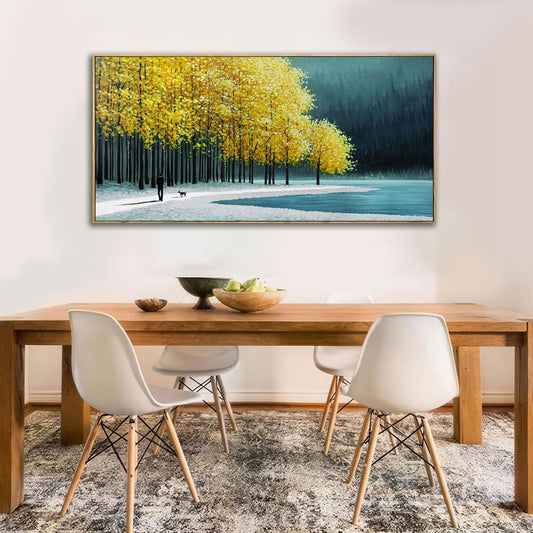 KLAKLA Large Wall Art - Yellow Bedroom Birch Tree Valley Snowy Forest Wild Lakes Landscape Canvas Pictures Wall Decoration for Living Room Office Home Decor - 48x24 Inches