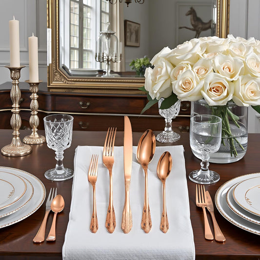 Royal Silverware Set for 8 Copper/Rose Gold Stainless Steel Flatware Retro Cutlery Vintage Eating Utensils Carved Design for Home Kitchen Restaurant Parties