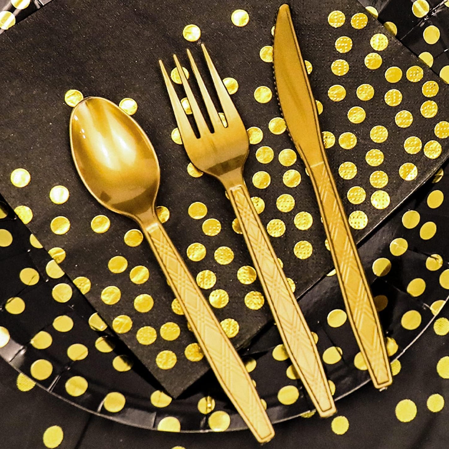 176 Pieces Gold Disposable Party Dinnerware Set &Golden Dot Disposable Party Dinnerware - Black Paper Plates Napkins Cups, Gold Plastic Forks Knives Spoons