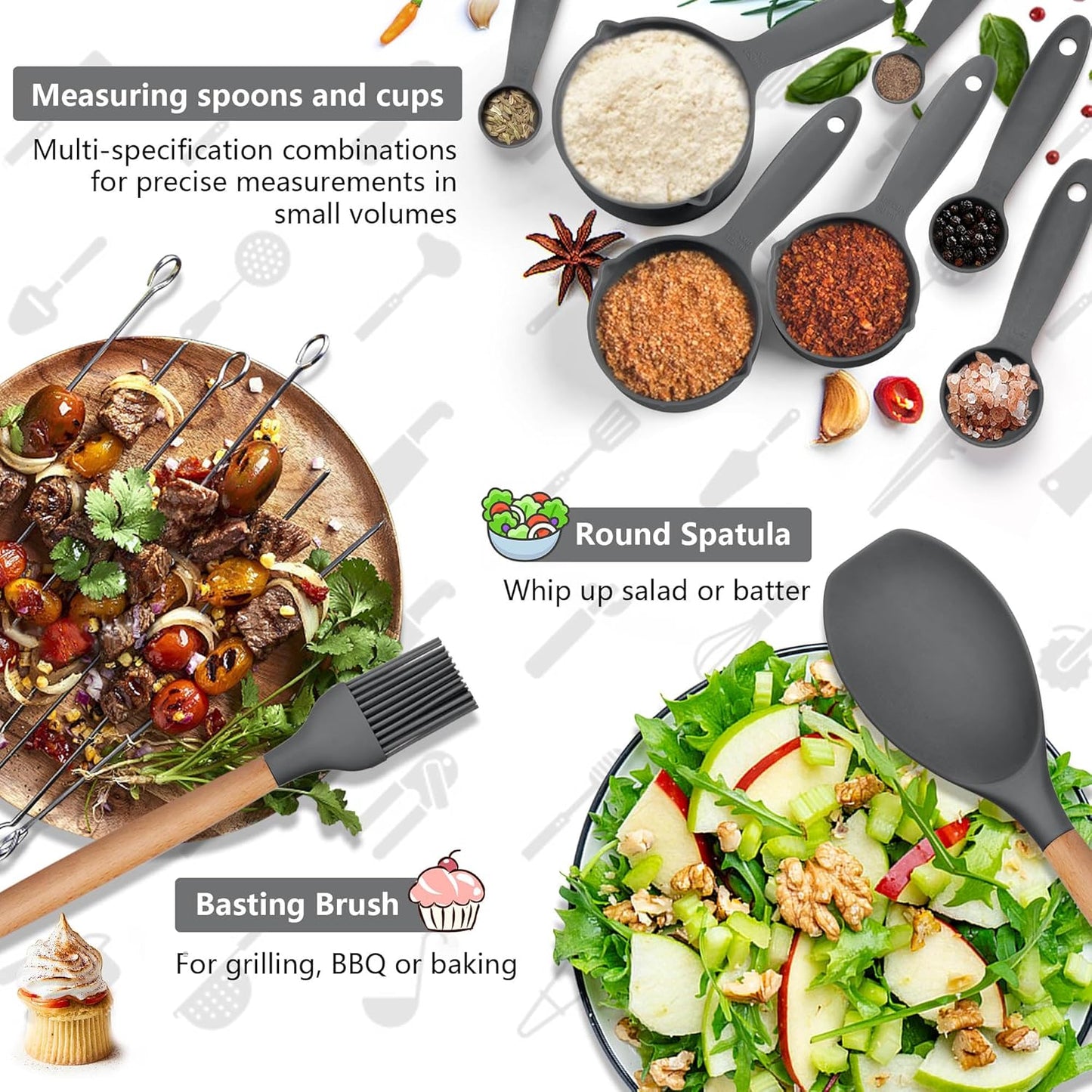 HaWare Kitchen Cooking Utensils Set, 23-Piece Silicone Kitchen Utensils Spatula Set with Holder, Heat Resistant Wooden Handle Kitchen Gadget for Nonstick Cookware, Food-grade Turner Spoon Sets (Grey)