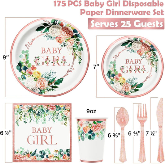 Ecomore Baby Shower Decorations for Girl - 175PCS Floral Party Supplies Disposable Dinnerware Set (25 Guest) With Rose Gold Paper Plates Cups Napkins Plastic Forks Knives Spoon for Baby Girl Birthday