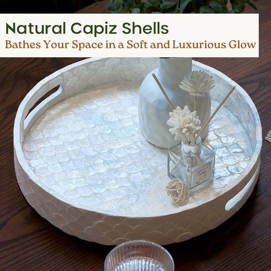 12.6 Inch Capiz Round Decorative Tray with Handles for Coffee Table, Vanity, or Ottoman, Elegant Capiz Mother of Pearl Serving Tray for Home Decor, Modern Coastal Boho Style, White