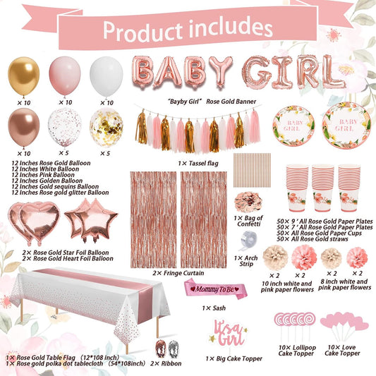 301Pcs Baby Shower Decorations For Girl, Girl Baby Shower Decorations Kits - Disposable Dinnerware Set With Pink Rose Gold Floral (50 Guest), "BABY girl" Banner, Balloon, Sash, Cake Topper