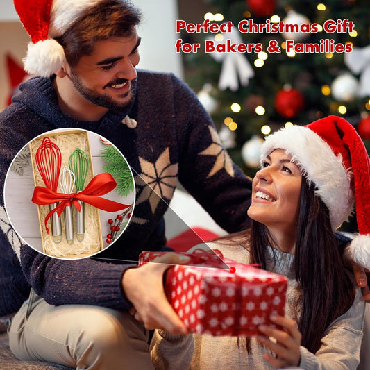 Christmas Whisk Set – 3 Sizes (12”, 10”, 8”) – Holiday Red, Green & White Stainless Steel Whisks for Baking, Cooking & Mixing, Christmas Gift for Bakers & Home Chefs