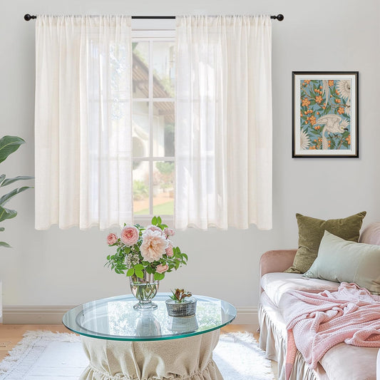 BGment 48 Inch Length Natural Linen Curtains for Short Window - Semi Sheer Textured Drapes Light Filtering with Rod Pocket for Kitchen Bathroom Decorative Lightweight, 2 Panels, 42 X 48 Inch