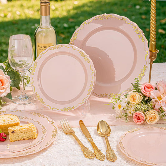 DaYammi 150Pcs Pink Gold Plastic Plates & Disposable Silverware, Pink Disposable Plates for Party Include 30 Dinner Plate,30 Dessert Plate,30 Knives,30 Forks,30 Spoons for Wedding Catering