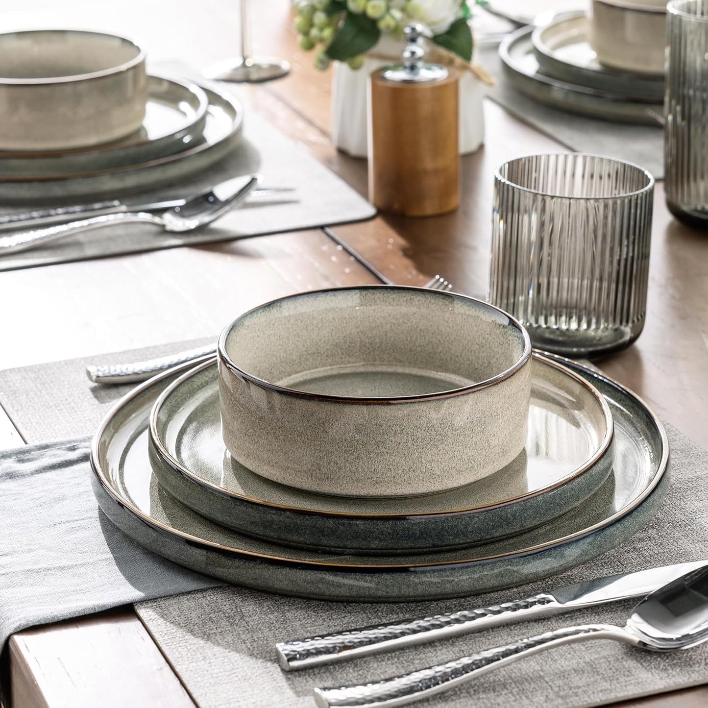 GBHOME Ceramic Dinnerware Sets for 4, 12 Pieces Stoneware Plates and Bowls Sets, Reactive Glaze Dishes -Scratch Resistant, Dishwasher&Microwave Safe