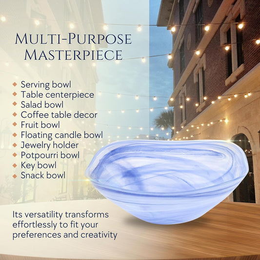 Badash Decorative Glass Serving Bowl, Alabaster Glass Centerpiece Fruit Bowl, Home Décor Table Accent Bowl, 10” Diameter, White & Blue
