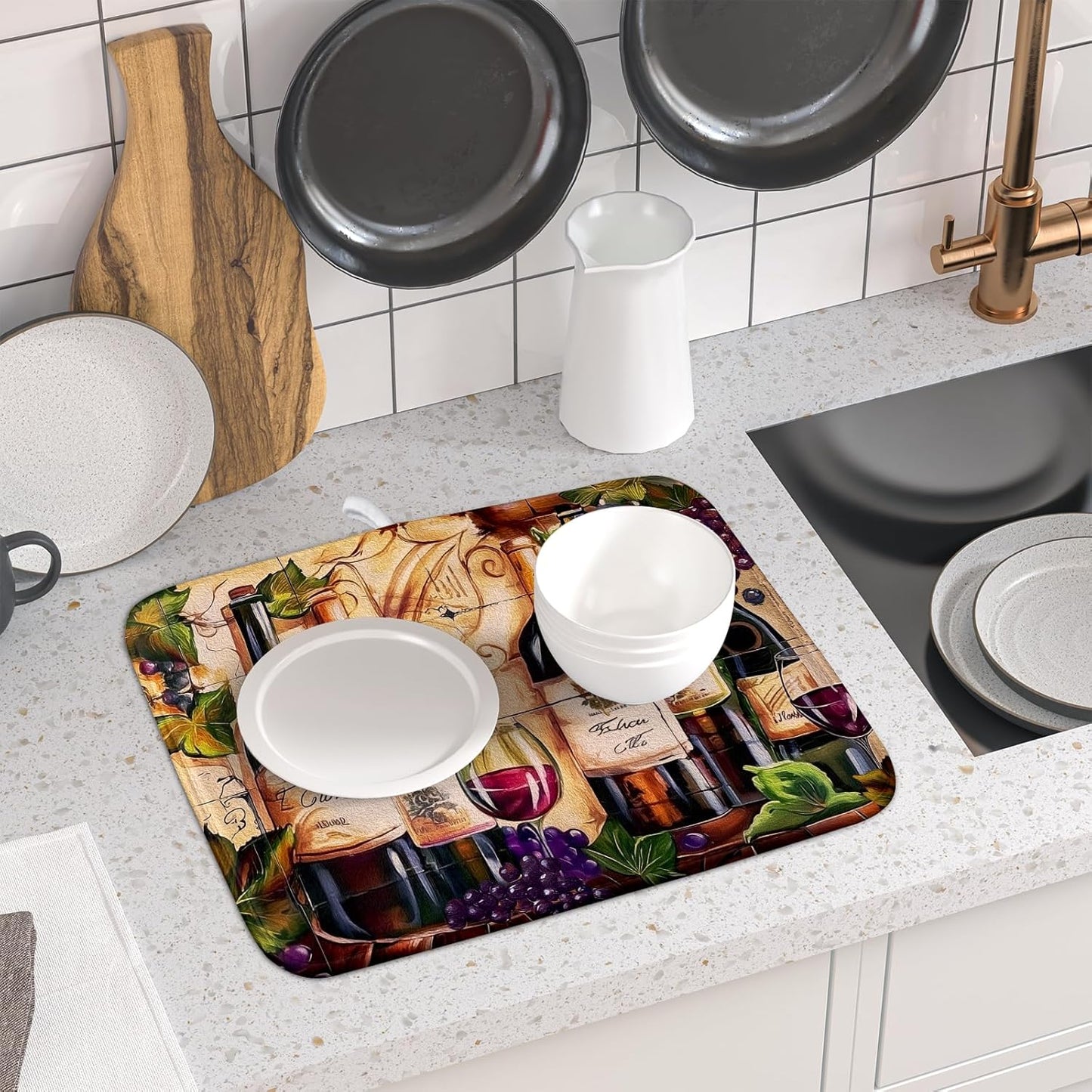 Wine Dish Drying Mat for Kitchen Counter Vintage Wine Glasses Dish Drainer Mats Absorbent Microfiber Dishes Pad Reusable Washable Large Dish Draining Mat 16x18 Inch