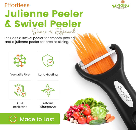 Spring Chef Swivel & Vegetable Julienne Peeler Set for Kitchen with Stainless Steel Sharp Blades - Potato Peelers with Soft Grip Handles & Blade Covers - Perfect for Carrot, Zucchini, Cucumber - Black
