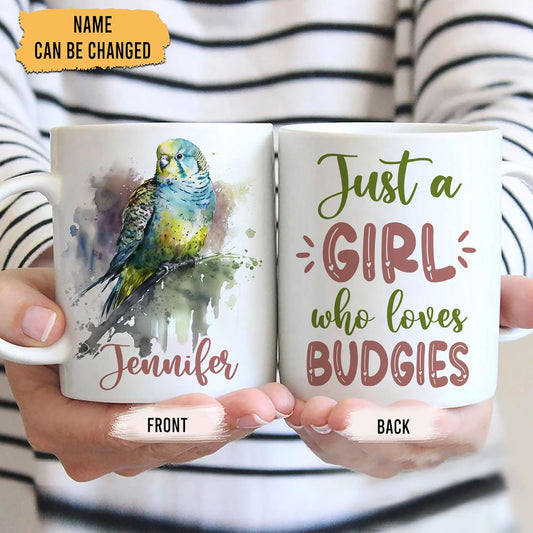 Hyturtle Personalized Gifts Budgie Lover - Just A Girl Who Loves Budgies Custom Name Ceramic Coffee Mug Cup 11oz - Idea Cute Animal Lover Gifts For Women, Girl Daughter On Birthday, Christmas
