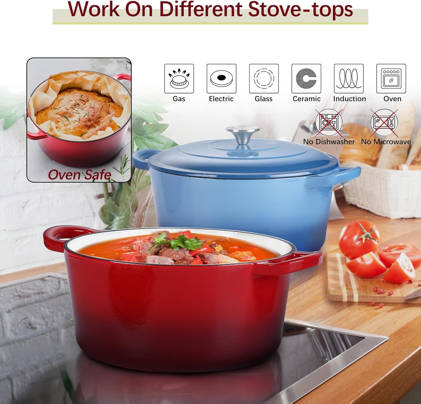 E-far 7QT Enameled Dutch Oven, Cast Iron Dutch Oven Pot with Lid for Cooking/Bread Baking/Braising/Roasting/Stewing, Heavy Duty Round Nonstick Cookware Safe for Induction & Oven - Red